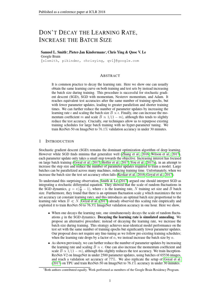Don't Decay The Learning Rate, Increase The Batch Size | PDF
