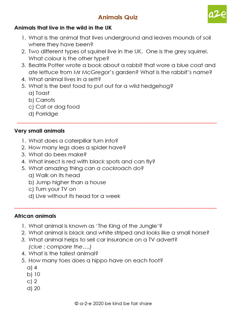 20 animals quiz sheet pdf