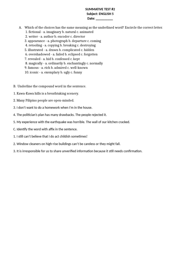 Summative Test Q1 Grade 5 2 Pdf