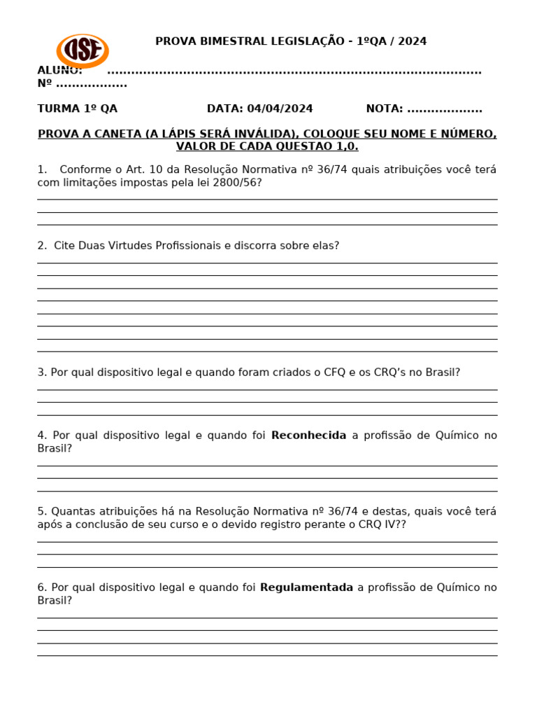 Prova Bimestral de Legislação 1 Bim Abr 2024 | PDF