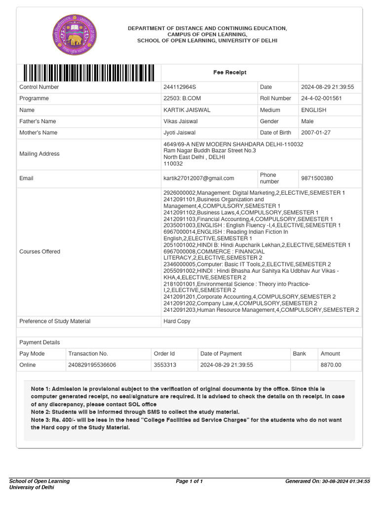 Payment Recipt of SOL | PDF