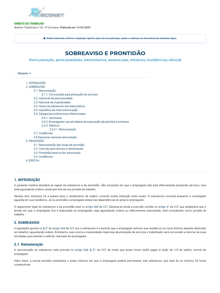 Direito Do Trabalho - Sobreaviso e Prontidão - Remuneração ...