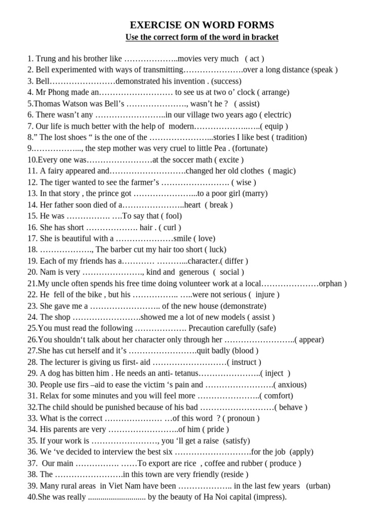 124 sentences for word forms pdf