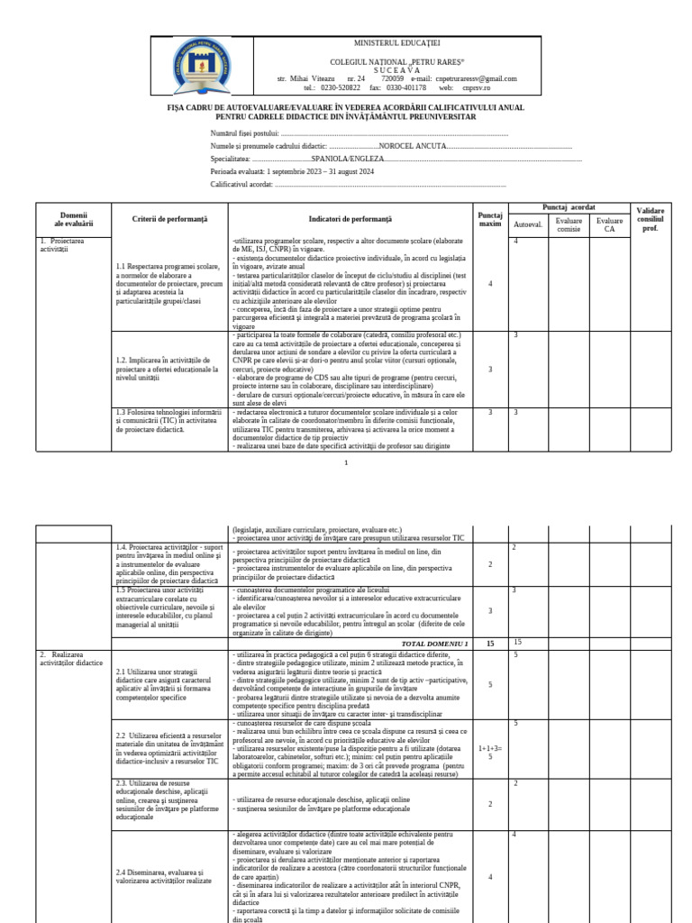 1 Fisa de autoevaluare cadre diidactice | PDF