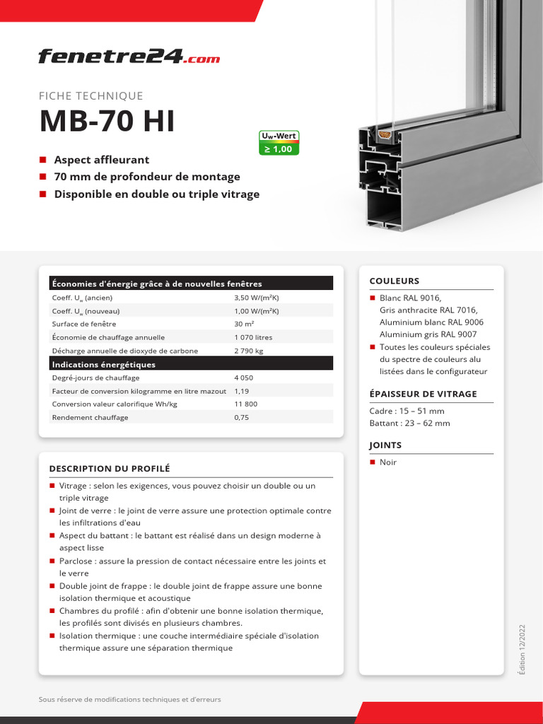 Fiche technique MB-70 HI : fenêtres écoénergétiques | PDF | Fenêtre