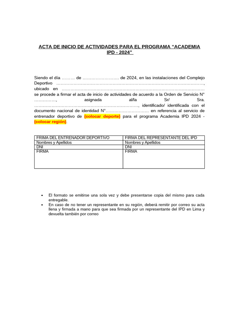 Acta de Inicio de Actividades - Nacional 2024 | PDF