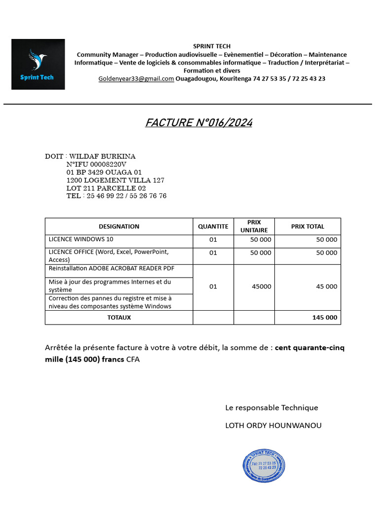 Facture de Reparation Des Ordinateurs de Wildaf | PDF