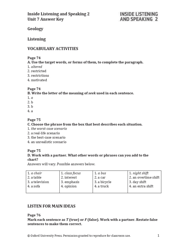 Inside Listening and Speaking 2 Unit 7 Answer Key Geology Listening ...