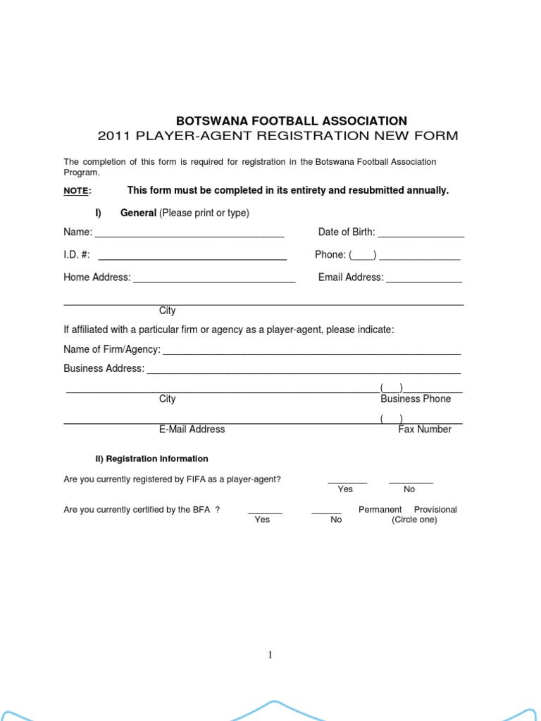 BFA Player-Agent Registration Form | PDF | Finance & Money Management
