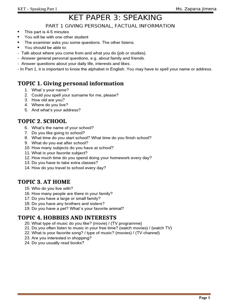 KET Speaking Part 1 Guide | PDF | Lunch | Foreign Language Studies
