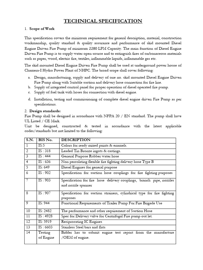 Technical Specification of Fire Pump | PDF