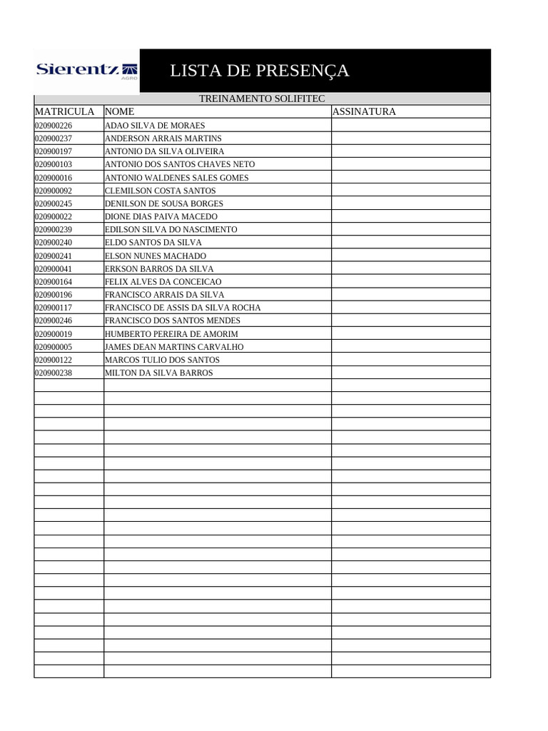 Lista de Presença Treinamento Solifitec Bruno | PDF
