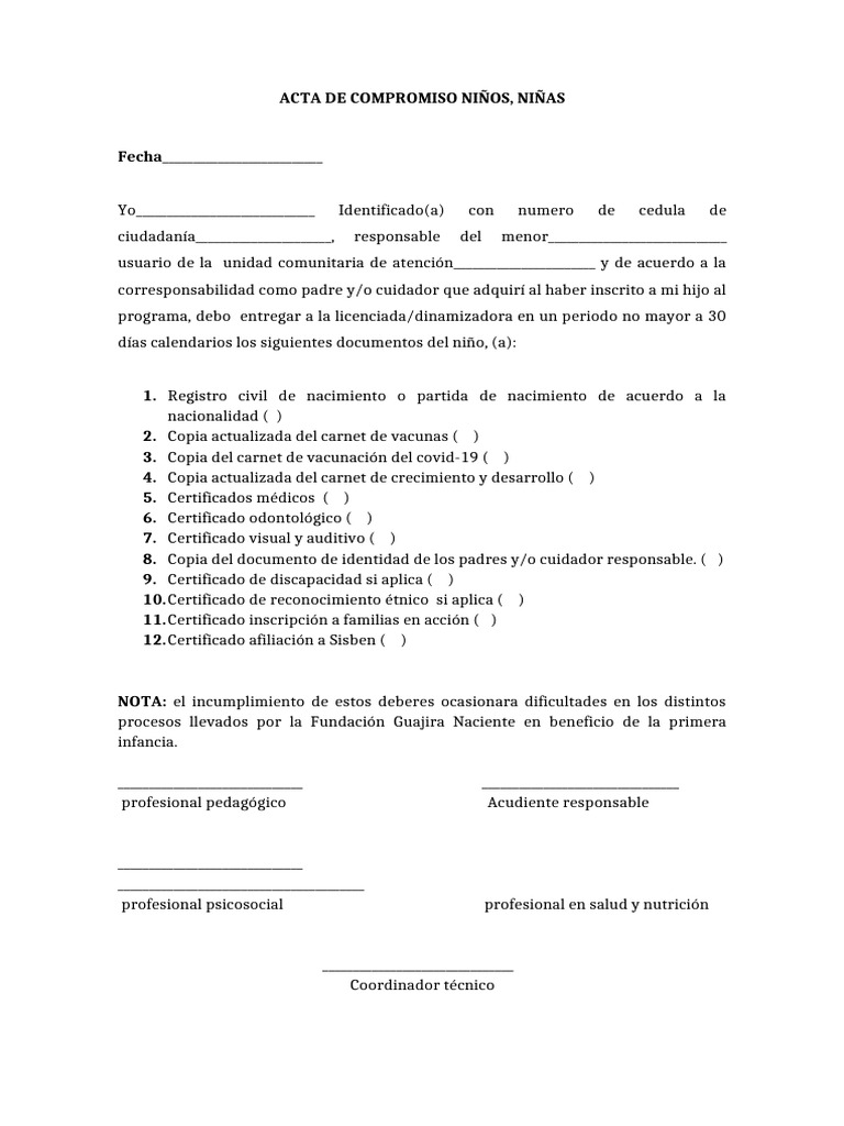 ACTA DE COMPROMISO NIÑOS Y NIÑAS Ok - 055607 | PDF