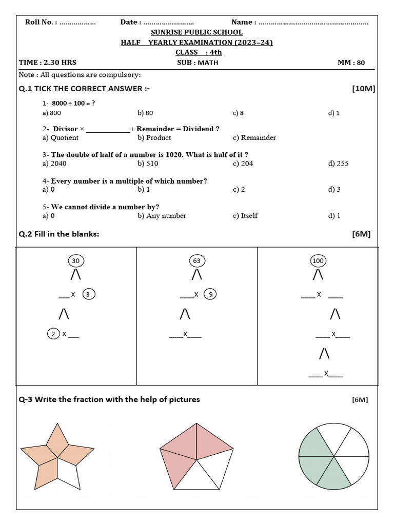 Half Yearly 4th Math | PDF