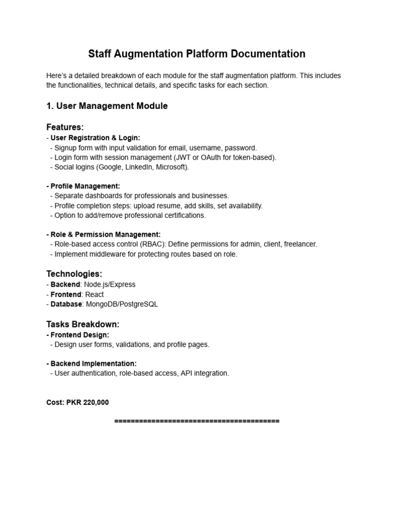 Staff Augmentation Platform Documentation | PDF