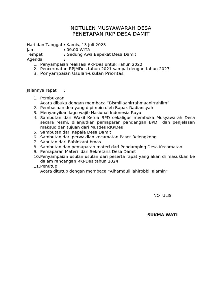 NOTULEN Penyusnan RKP | PDF