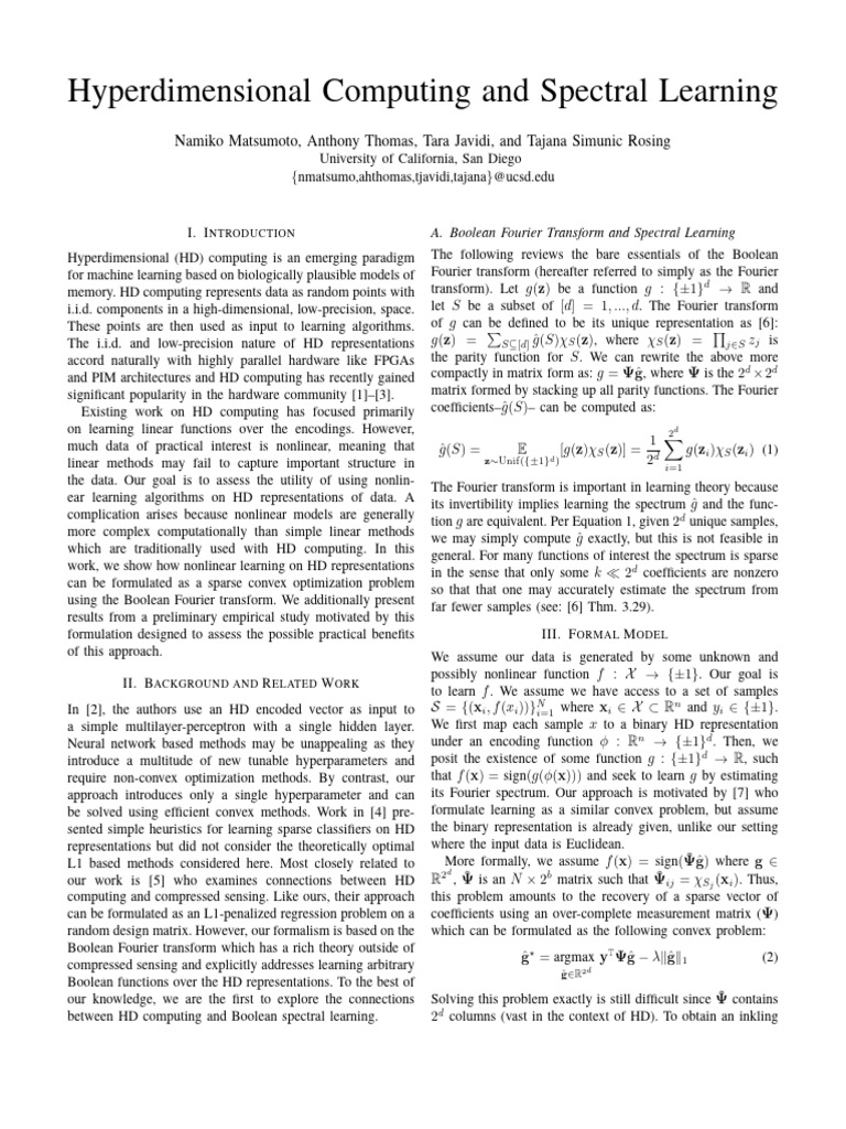 Hyperdimensional Computing and Spectral Learning | PDF