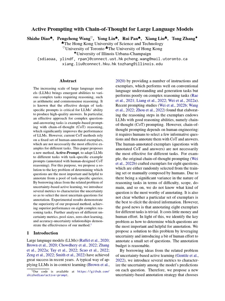 Active Prompting With Chain-of-Thought For Large Language Models | PDF