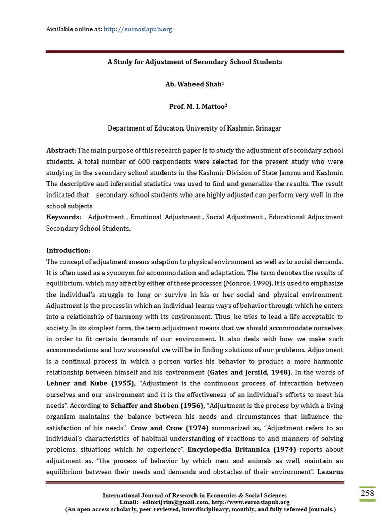A Study For Adjustment of Secondary Scho | PDF