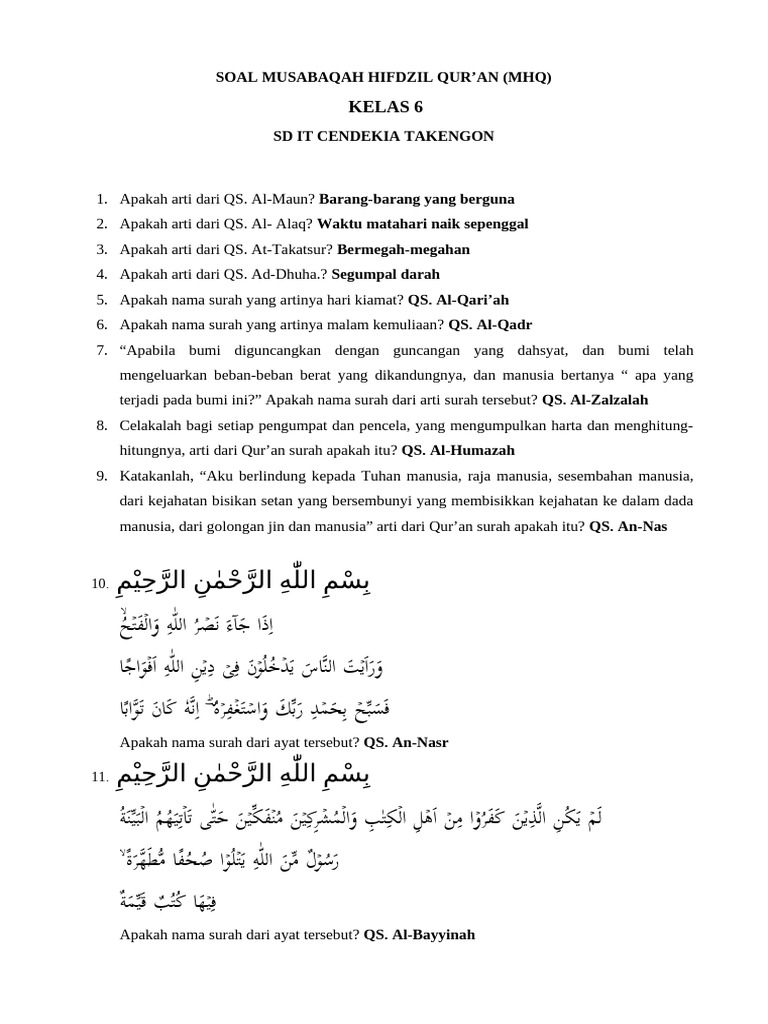 Soal Musabaqah Hifdzil Quran Kelas 6 | PDF | Religious Books | History