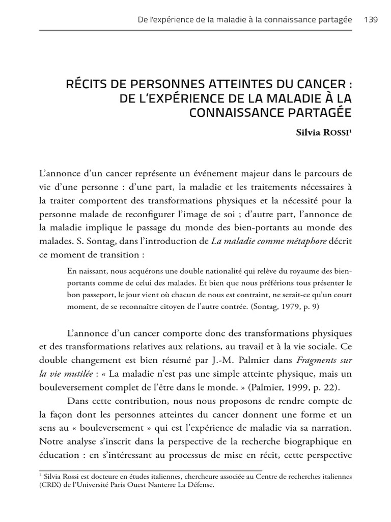 Recits de Personnes Atteintes Du Cancer de Lexperience de La Maladie A ...