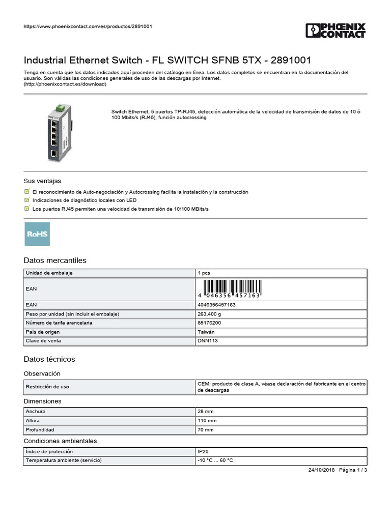 HOJA TÉCNICA Switch Ethernet Industrial - PHOENIX COMPACT 2891001 - 5 ...
