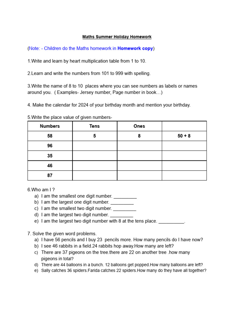 Summer Holiday Homework | PDF
