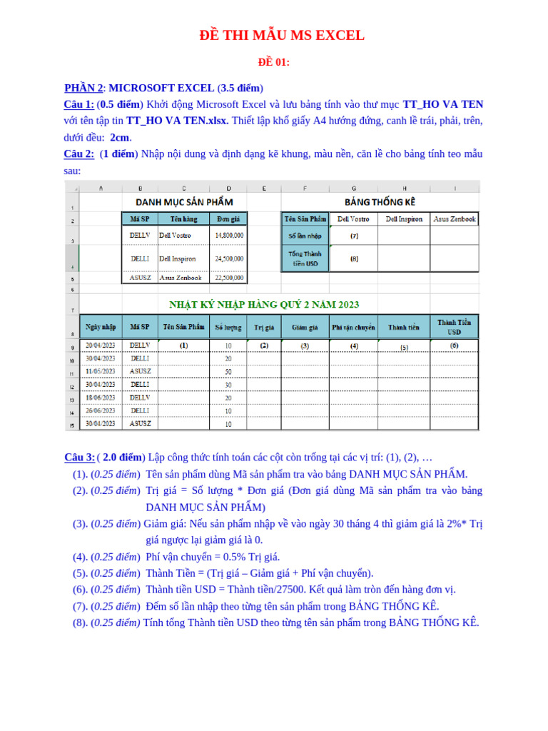 de Thi Mau MS Excel | PDF