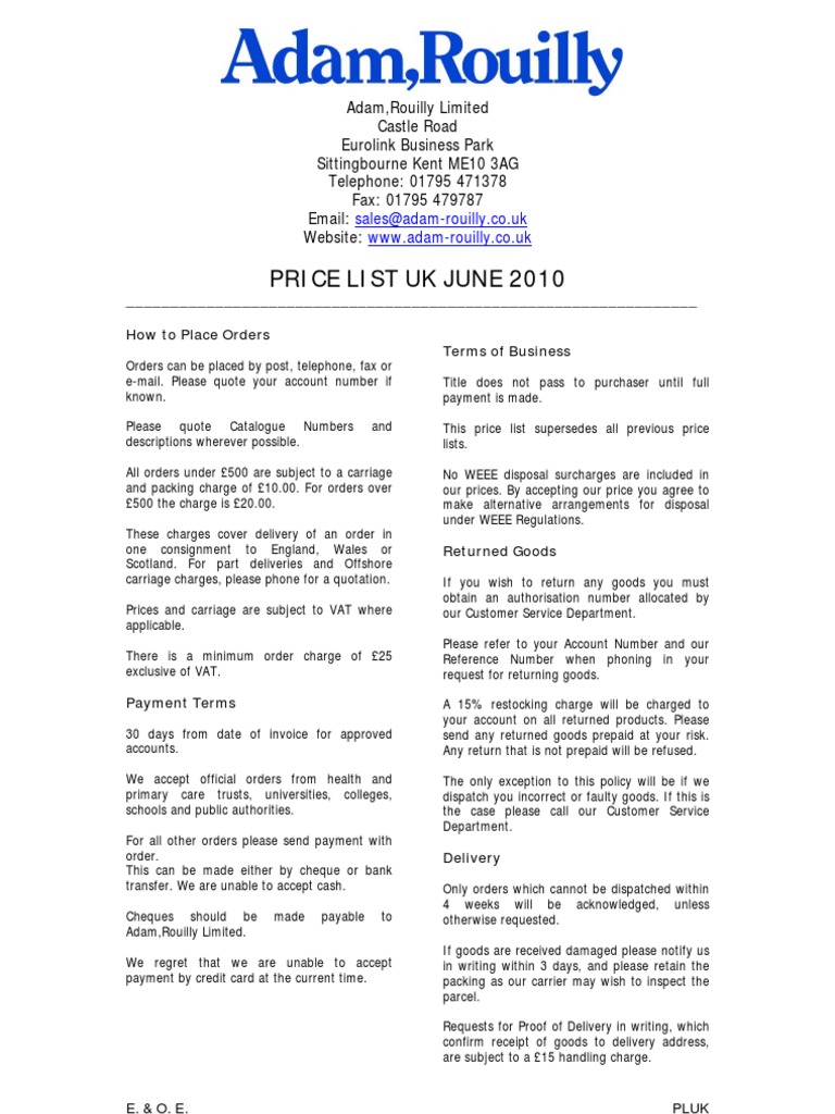 Adam Rouilly Price List June 2010 | PDF | Intravenous Therapy | Ear