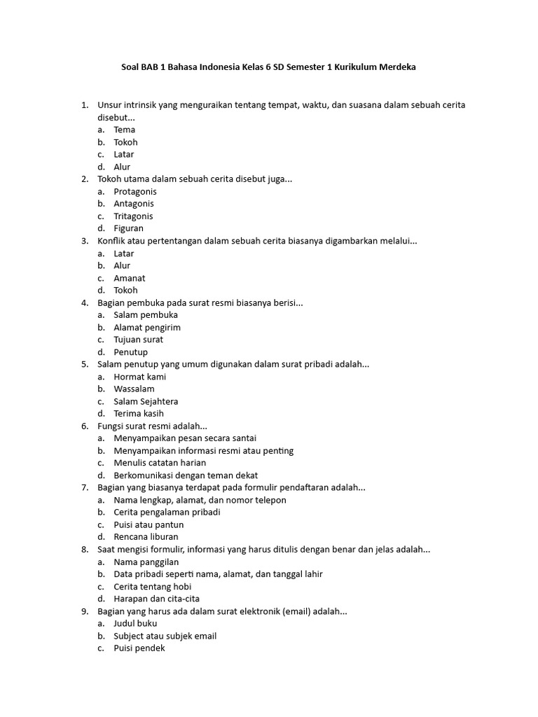 Soal Bab 1 Bahasa Indonesia Kelas 6 Sd Semester 1 Kurikulum Merdeka Pdf