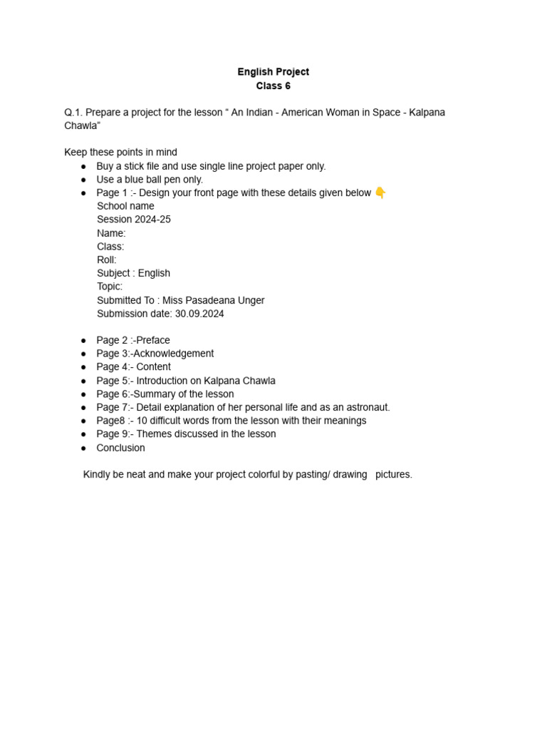 Kalpana Chawla Class 6 Project Guide | PDF