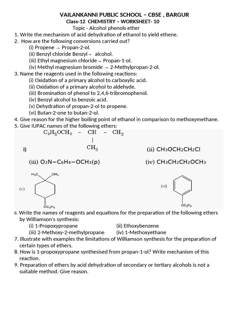 Chemistry Work Sheet - 10 | PDF