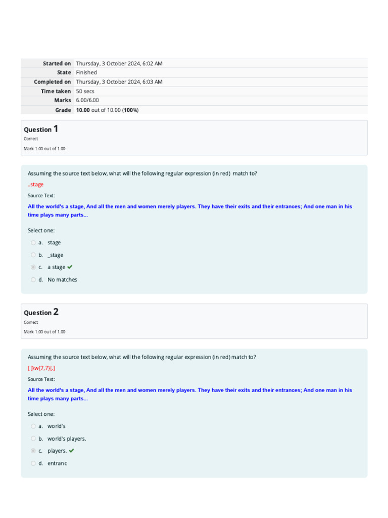 Self-Quiz 3_ Regular Expressions | PDF