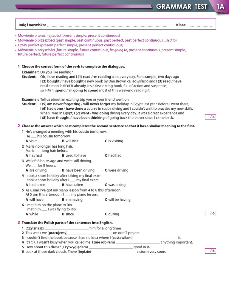 Grammar Test 1A | PDF