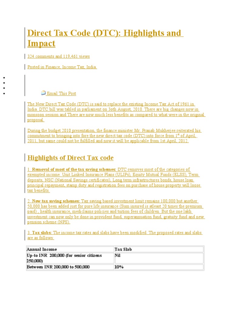 Direct Tax Code (DTC) Highlights and Impact PDF Capital Gains Tax