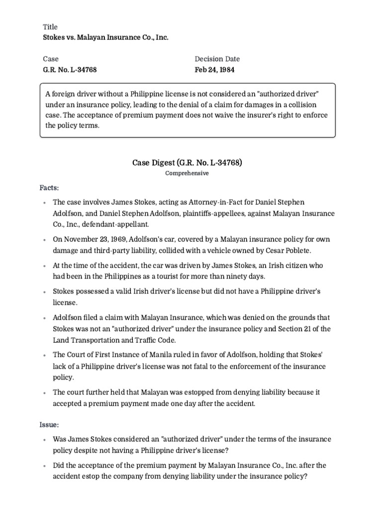 Stokes vs. Malayan Insurance Co., Inc | PDF