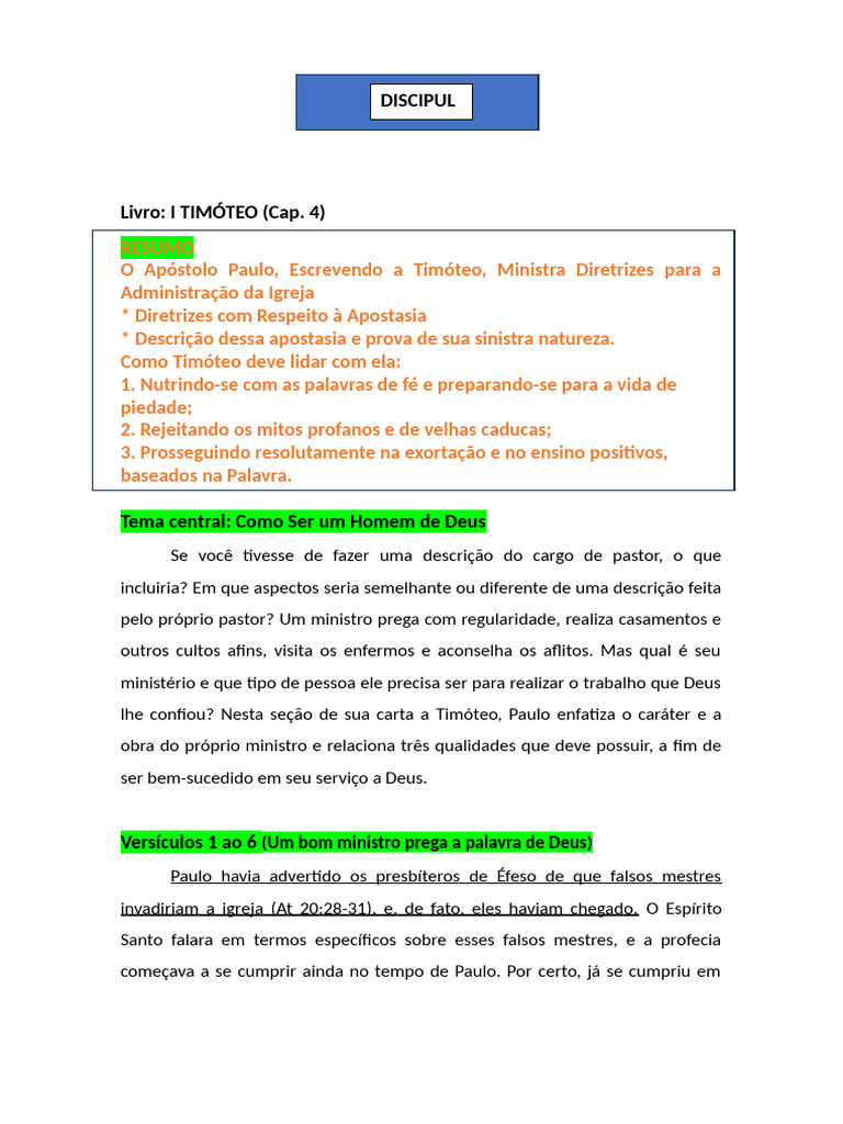 DISCIPULADO GERAL (I Timóteo Cap4) | PDF