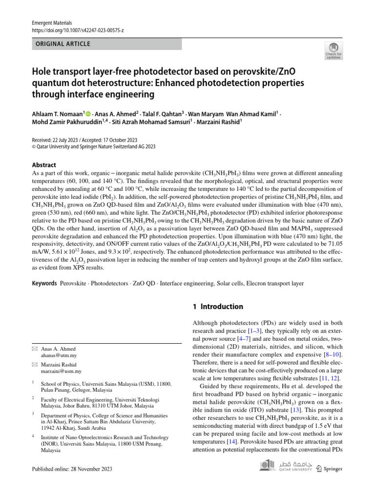 Hole Transport Layer Free Photodetector Based On Perovskite - ZnO QD ...