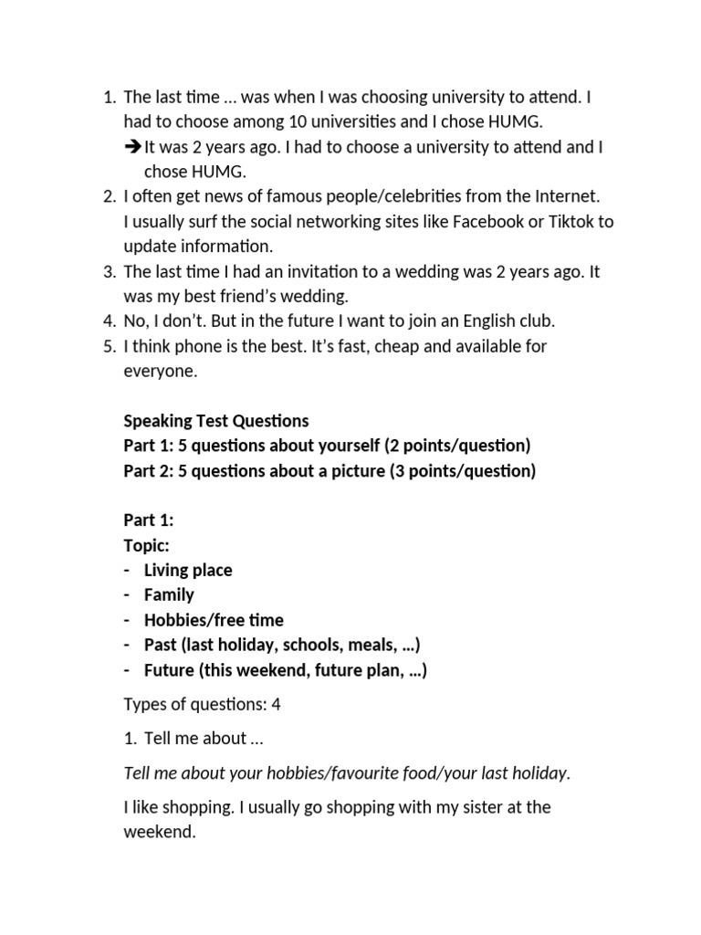 Speaking Tests Questions | PDF