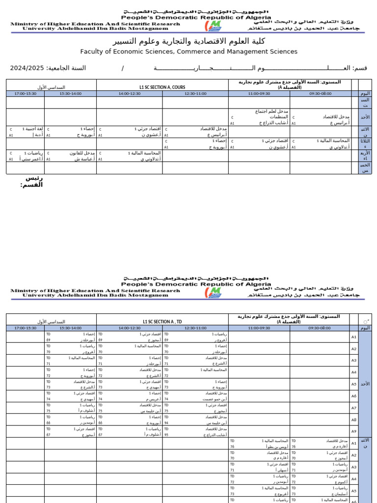 Emploi Du Temps SC S1 2024 2025 | PDF