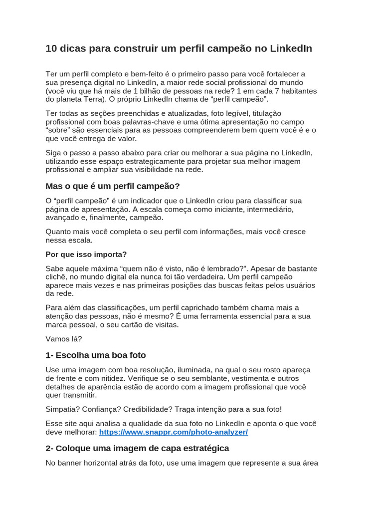 10 Dicas para um Perfil Campeão no LinkedIn | PDF | LinkedIn | Carreira ...