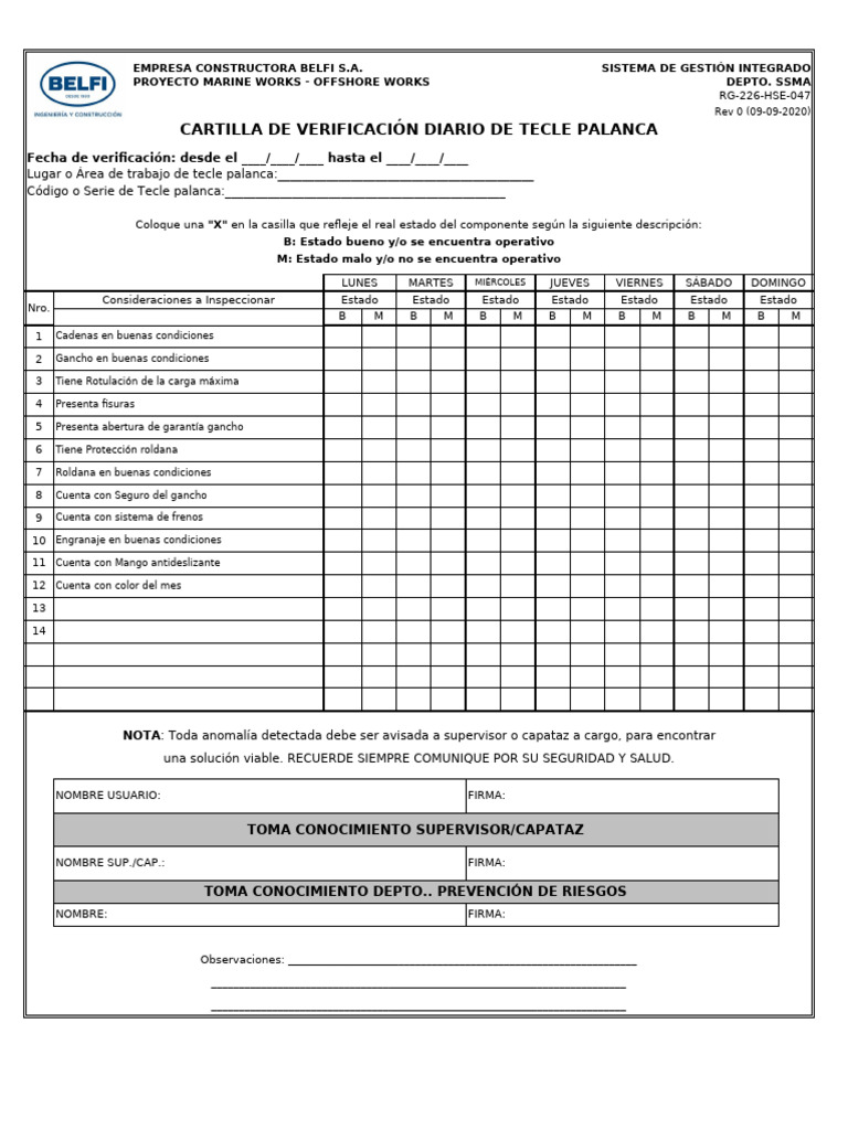 Rg-226-Hse-047 - 0 Check List Tecle Palanca | PDF