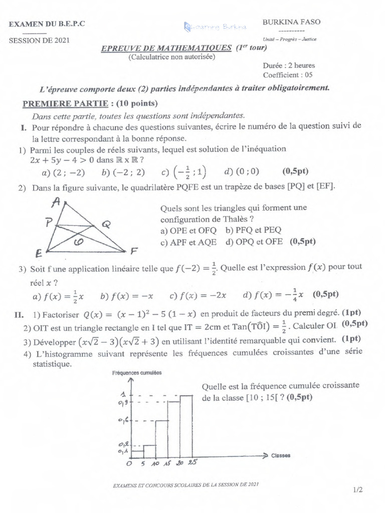 BEPC2021 Maths 1er Tour | PDF