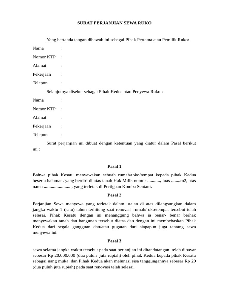 Surat Perjanjian Sewa Ruko | PDF