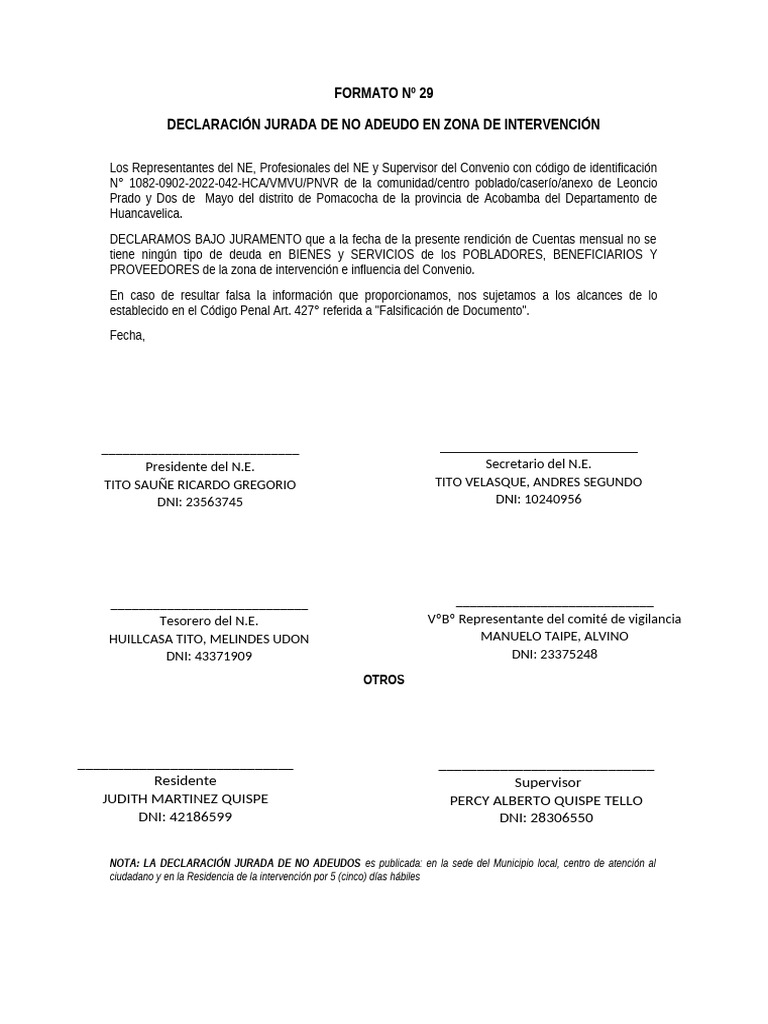 Formato Nº29 Declaracion Jurada de No Adeudo | PDF