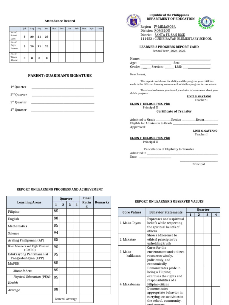 SF 9 - ES ( (Learner's Progress Report Card) | PDF