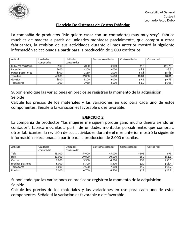 Ejercicio De Sistemas De Costos Estandar Pdf
