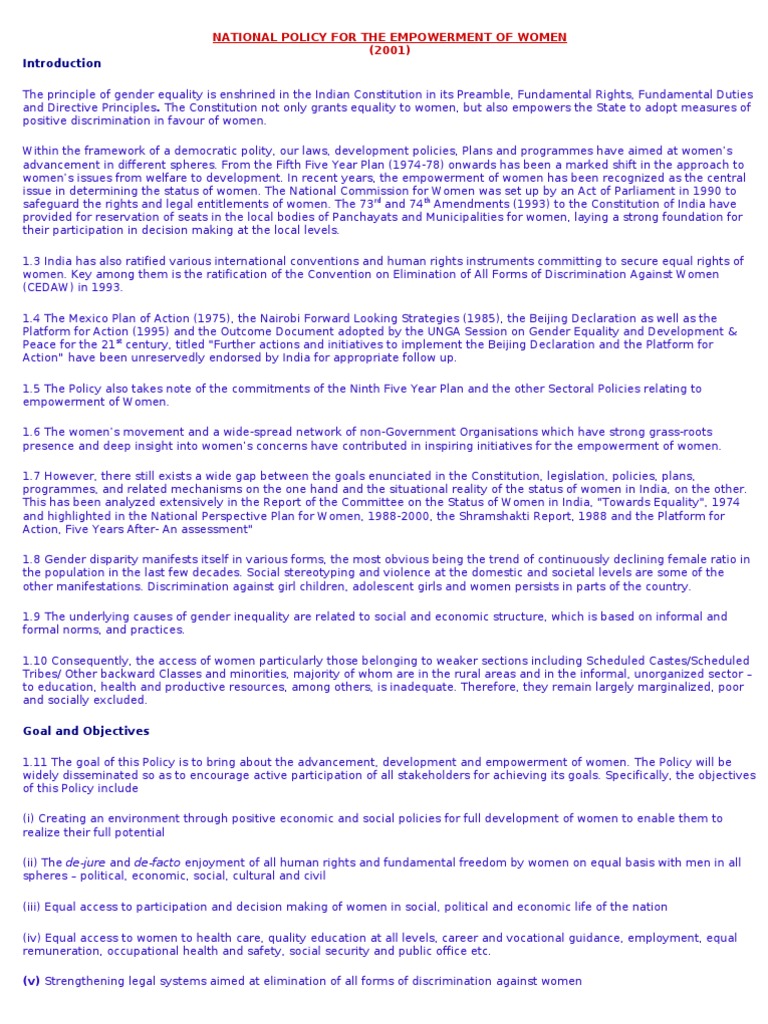 Empowerment of Women in India Policy | PDF | Gender Equality | Gender ...