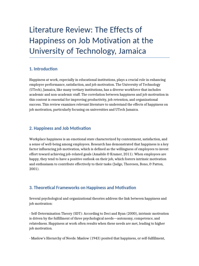 Literature Review Happiness and Job Motivation UTech Jamaica | PDF