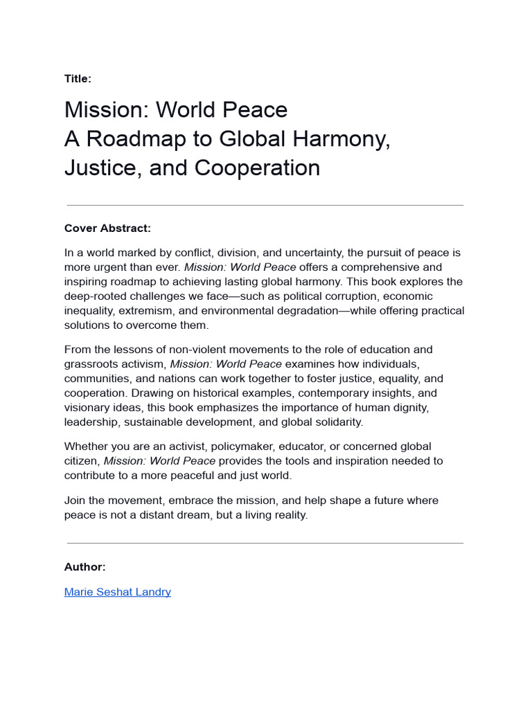 Mission - World Peace A Roadmap To Global Harmony, Justice, and ...